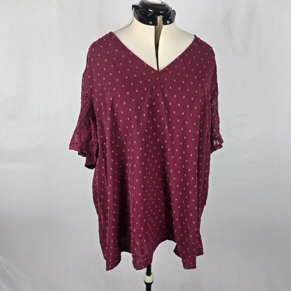 Bloomchic Blouse Women's 3X Purple Fabric Polka Dot Lace Short Sleeve Blouse NWT - Picture 1 of 14